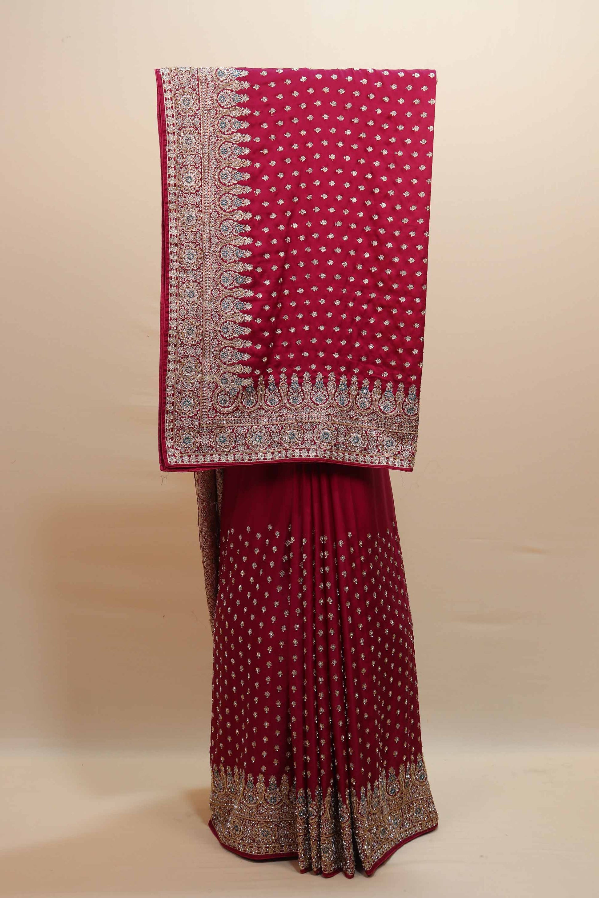 Wine Red Embroidered Saree with Heavy Zari Border Butti Work