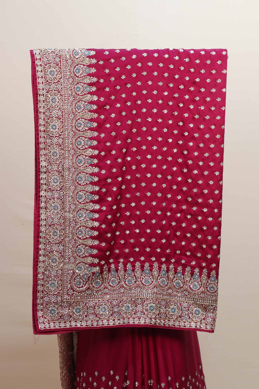 Wine Red Embroidered Saree with Heavy Zari Border Butti Work