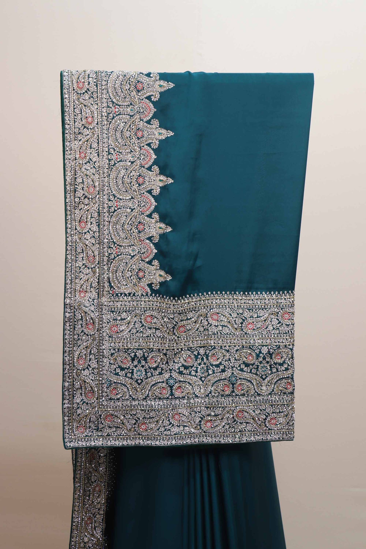 Teal Green Designer Saree with Heavy Silver Zari Embroidery Border