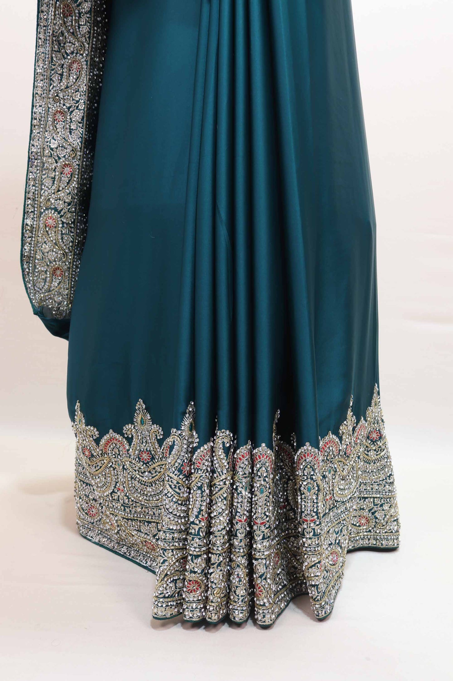 Teal Green Designer Saree with Heavy Silver Zari Embroidery Border