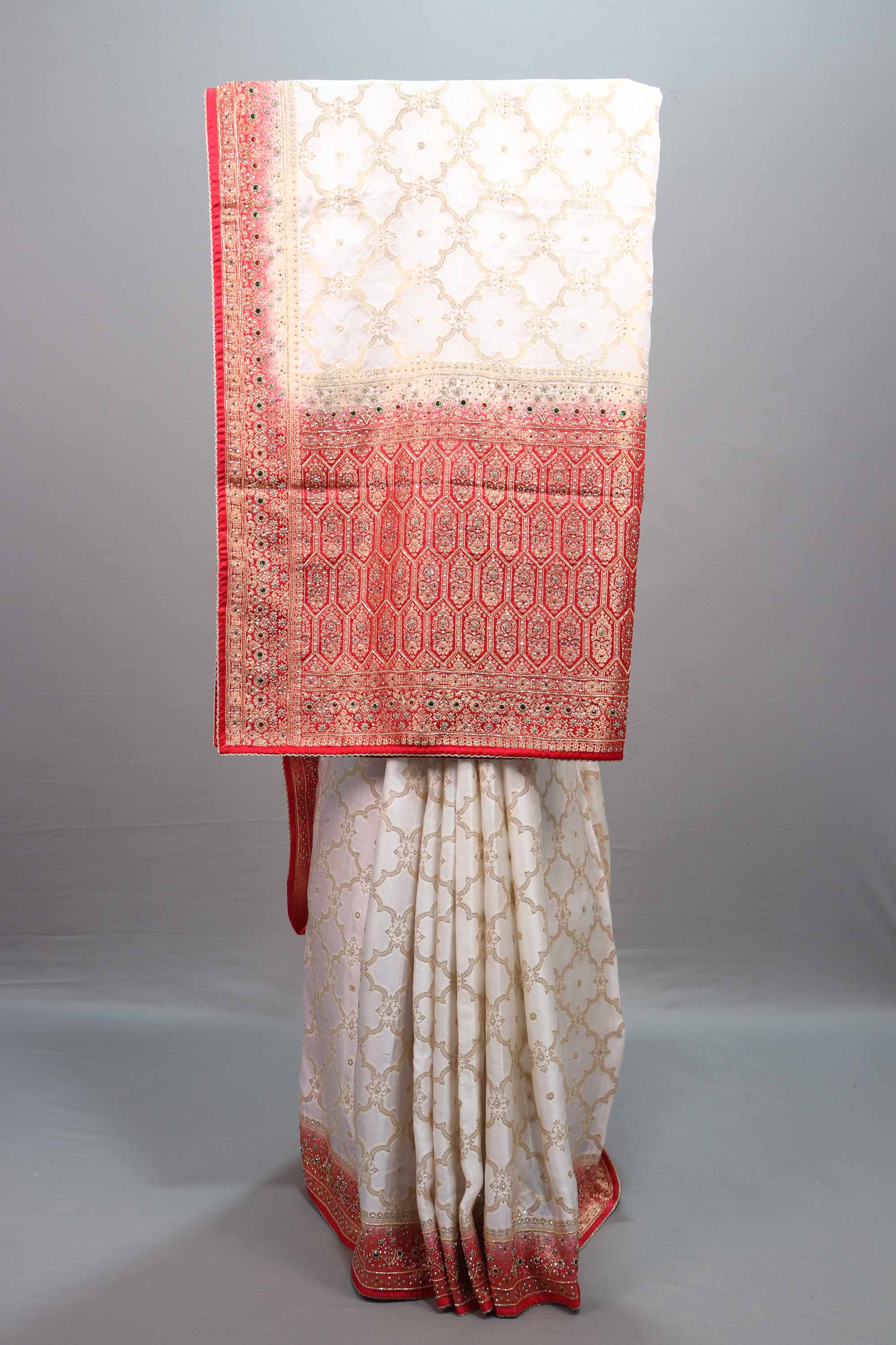 Off White Red Jacquard Silk Saree with Zari Woven Design Rich