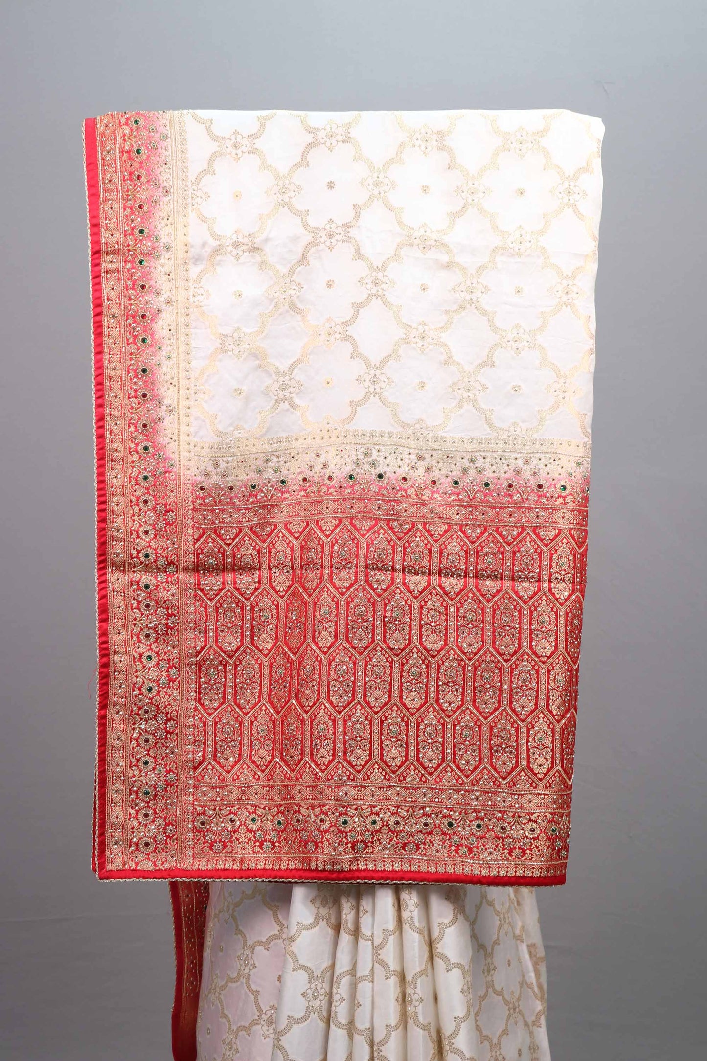 Off White Red Jacquard Silk Saree with Zari Woven Design Rich Border