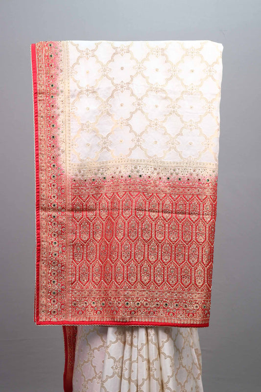 Off White Red Jacquard Silk Saree with Zari Woven Design Rich Border