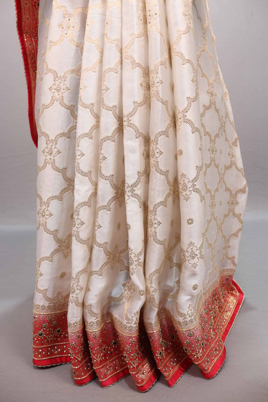 Off White Red Jacquard Silk Saree with Zari Woven Design Rich Border
