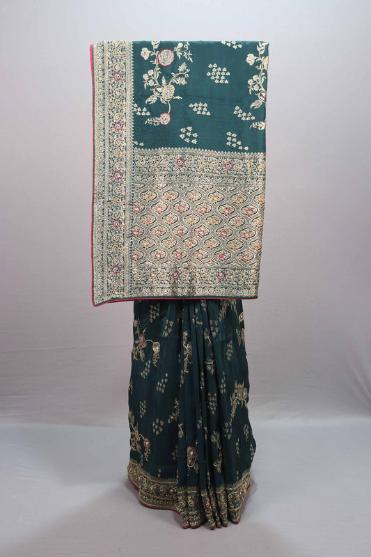 Dark Teal Green Silk Saree with Embroidered Floral Design Rich Border