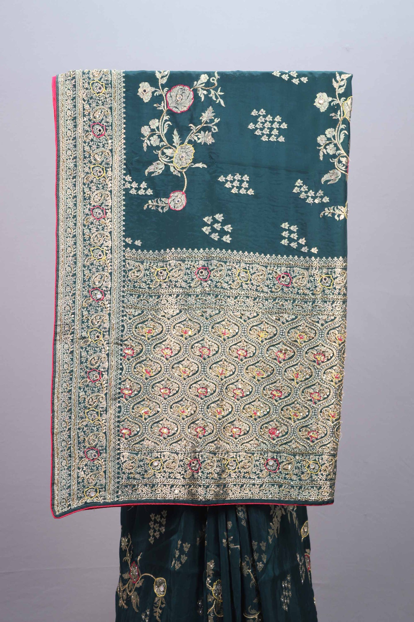 Dark Teal Green Silk Saree with Embroidered Floral Design Rich Border