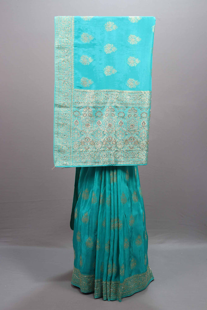  Aqua Blue Silk Saree with Zari Embroidery Designer Border
