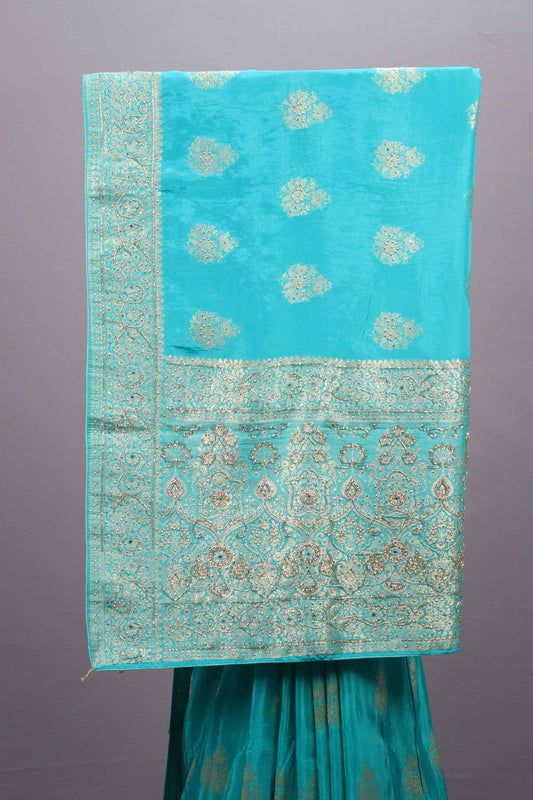 Aqua Blue Silk Saree with Zari Embroidery Designer Border
