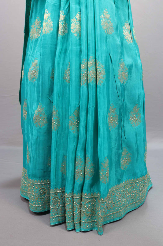 Aqua Blue Silk Saree with Zari Embroidery Designer Border