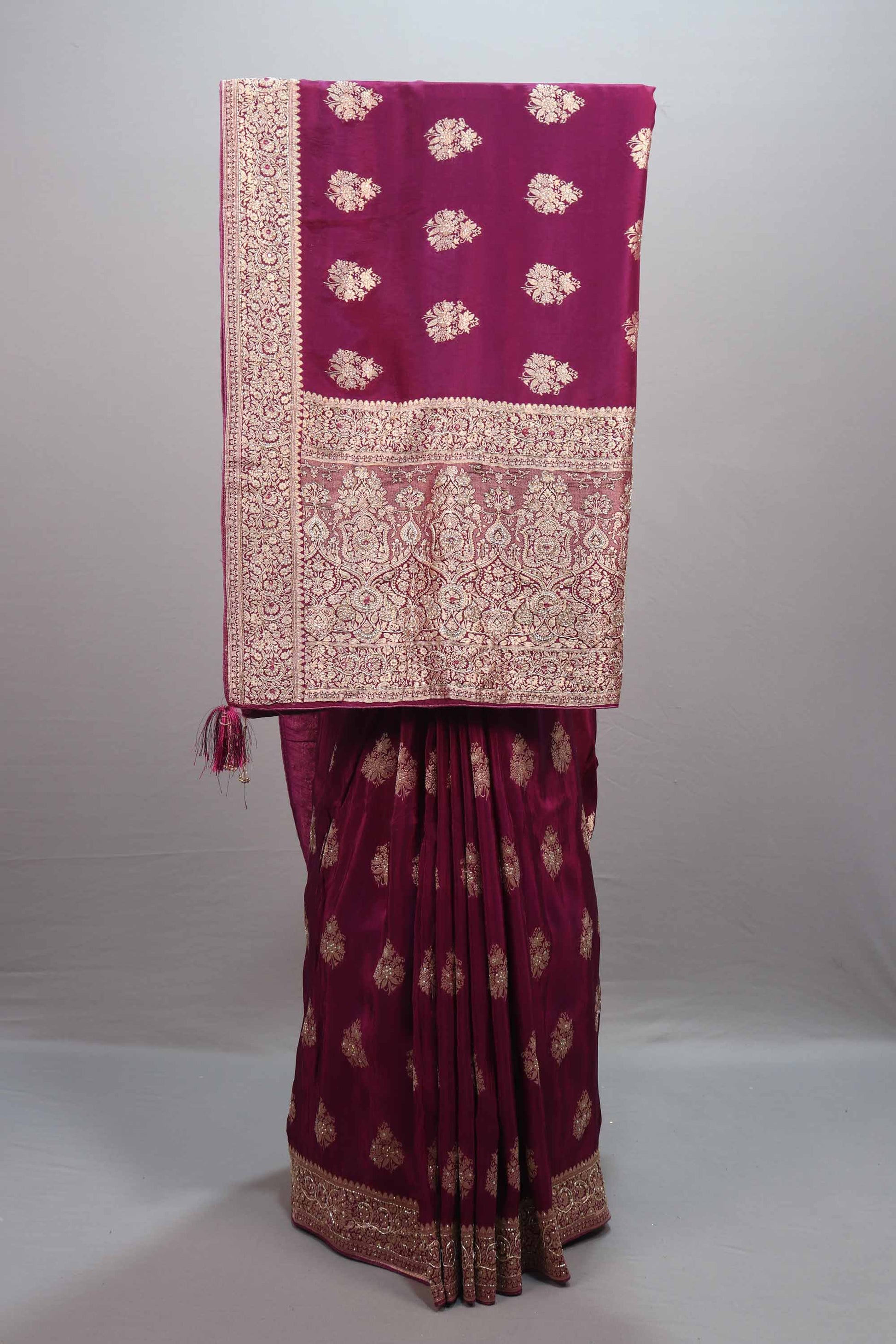  Wine Maroon Silk Saree with Zari Woven Motifs Rich Border