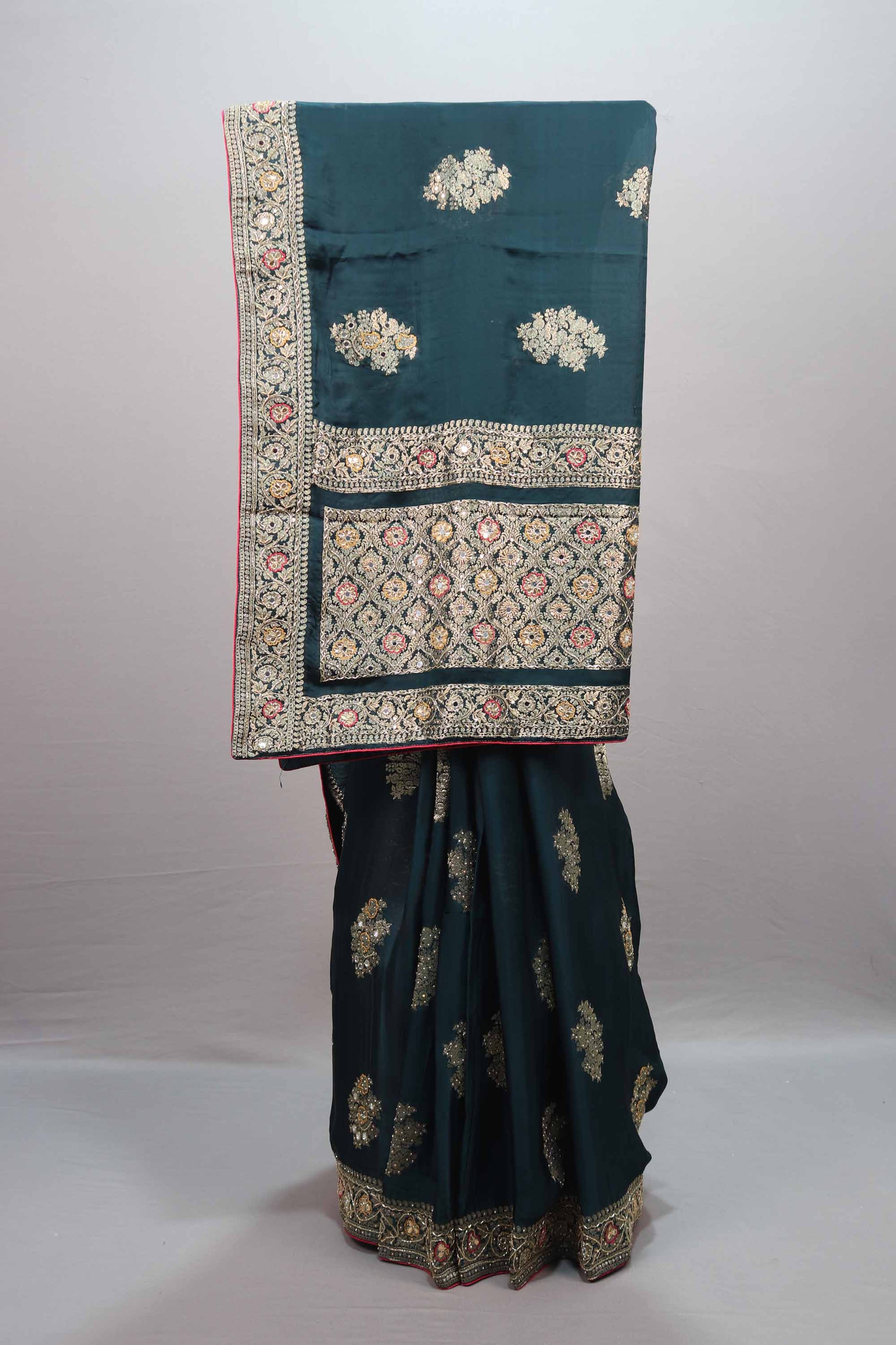 Dark Teal Green Silk Saree with Heavy Embroidery Designer Border
