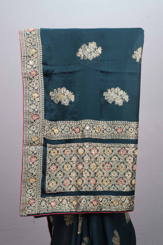 Dark Teal Green Silk Saree with Heavy Embroidery Designer Border