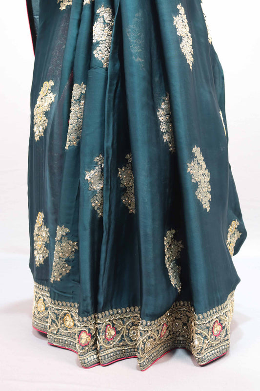 Dark Teal Green Silk Saree with Heavy Embroidery Designer Border