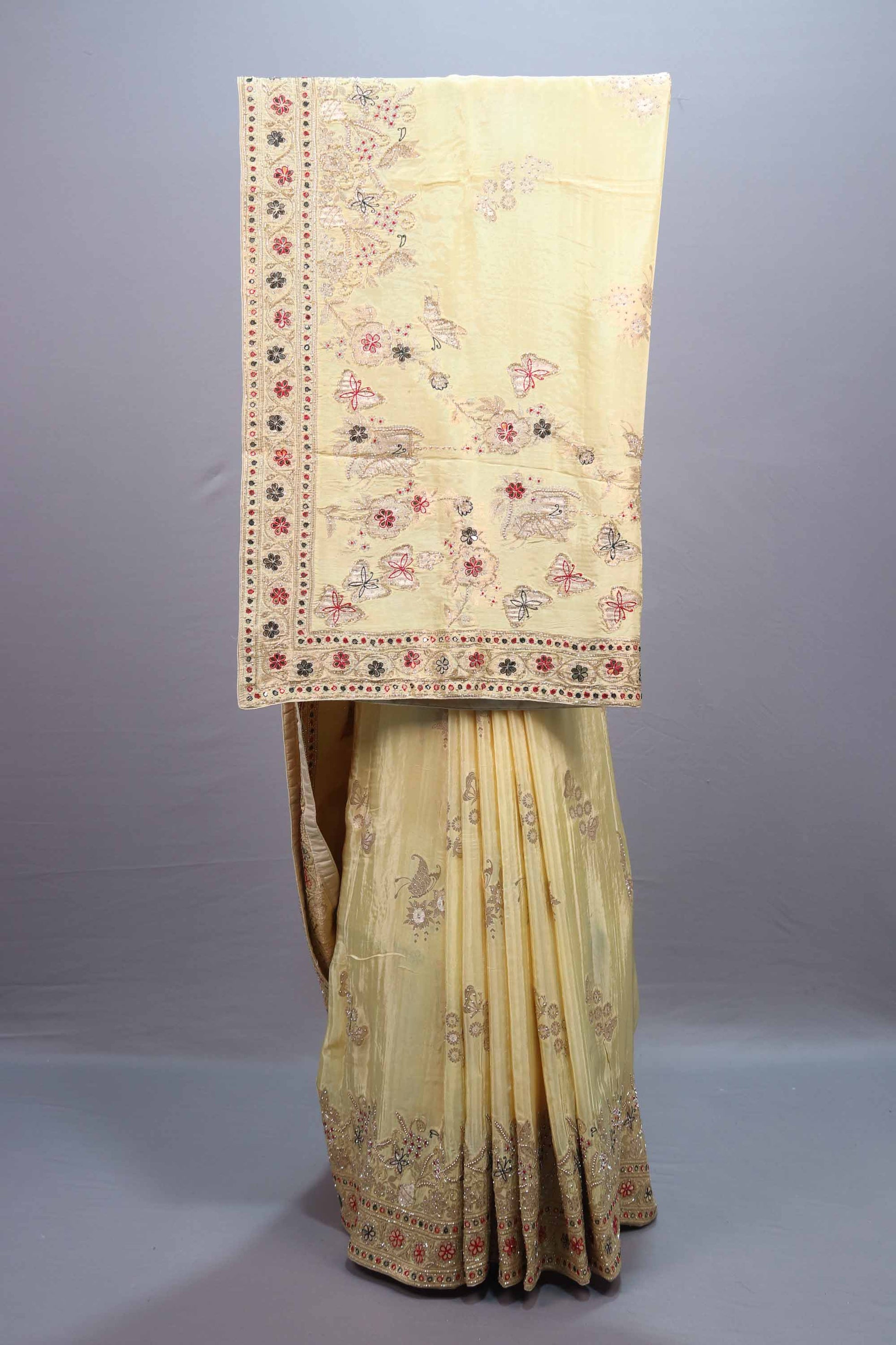 Light Yellow Silk Saree with Floral Embroidery and Designer Border