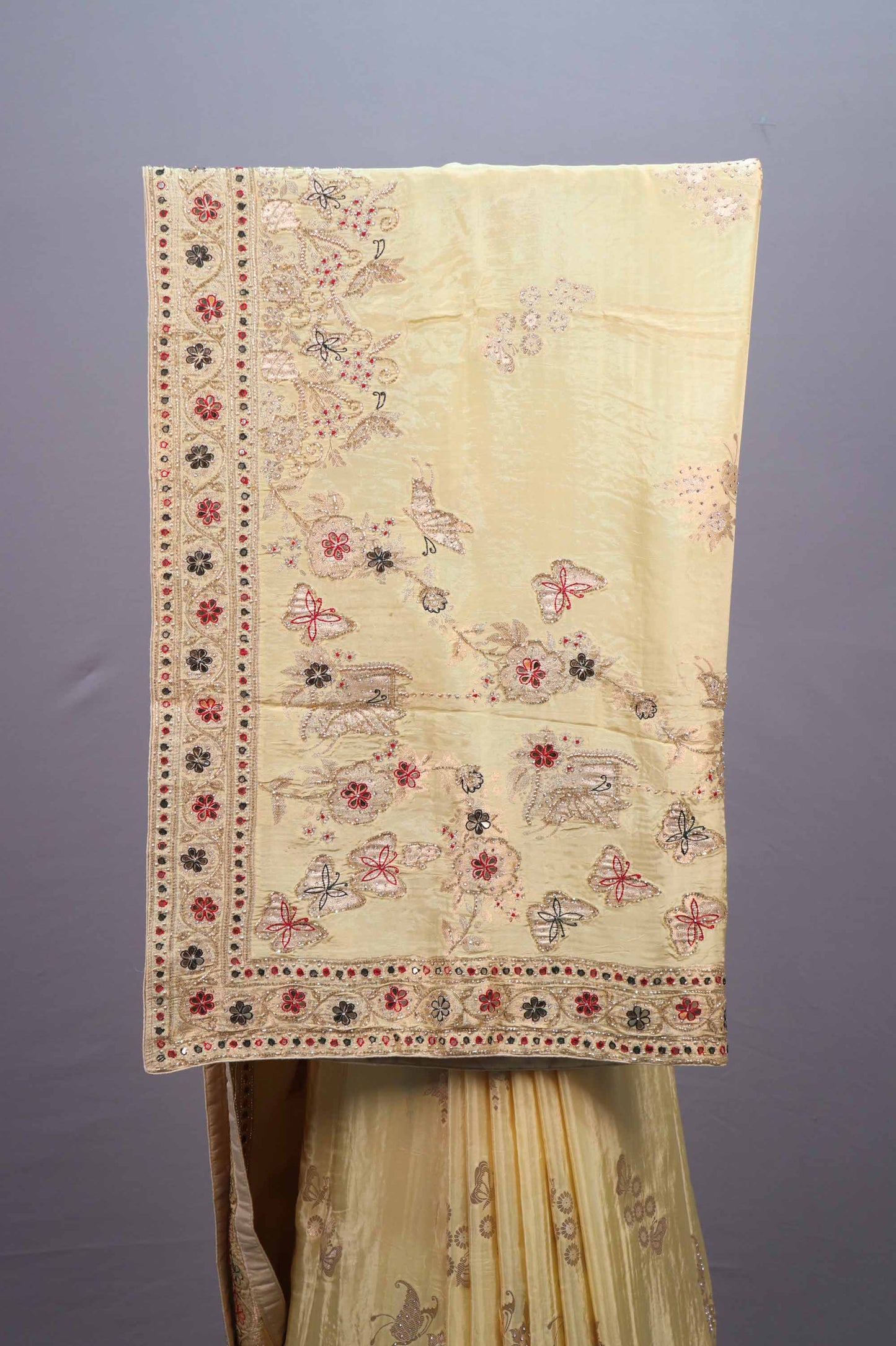 Light Yellow Silk Saree with Floral Embroidery and Designer Border