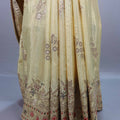Light Yellow Silk Saree with Floral Embroidery and Designer Border