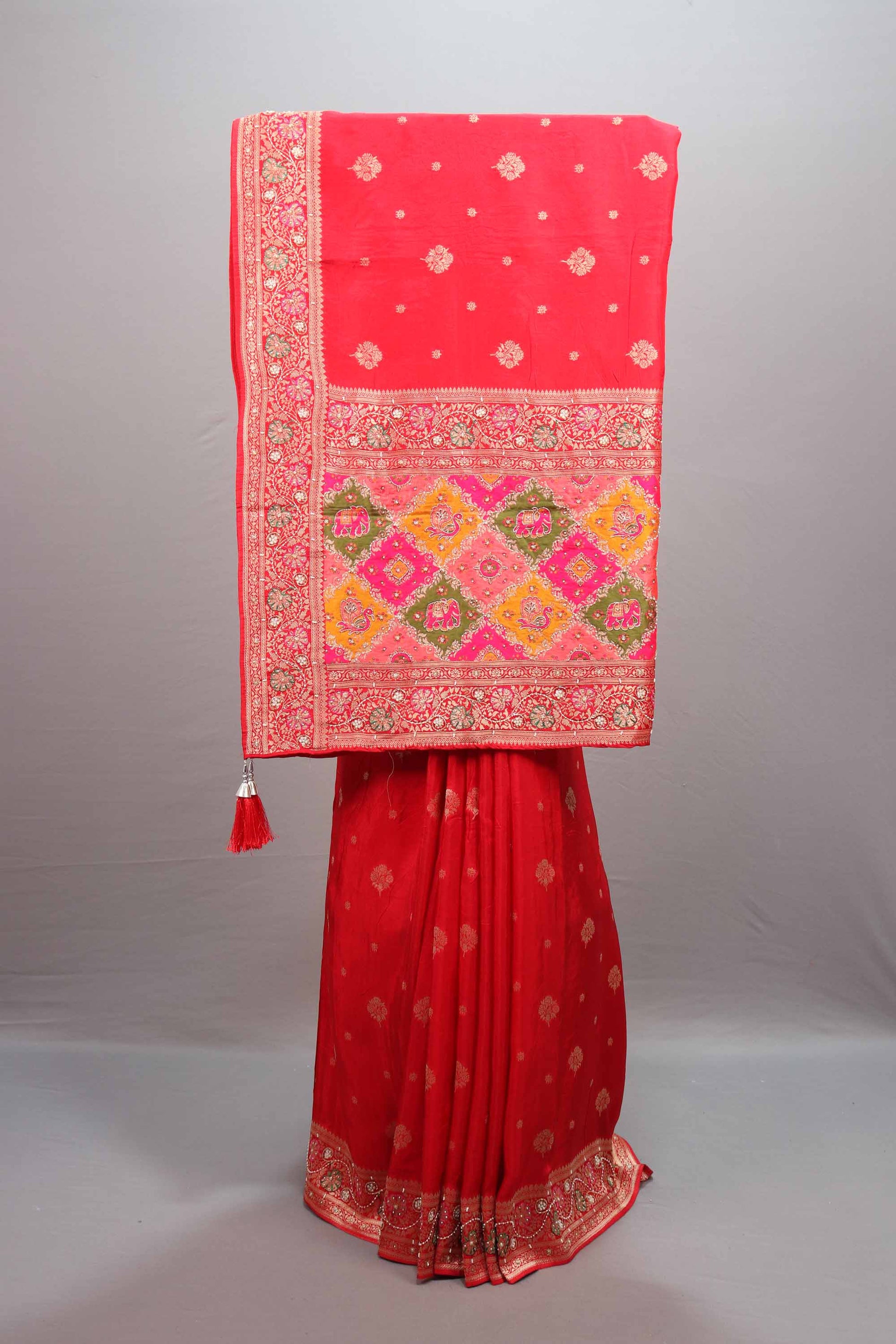  Red Silk Saree Multicolor Traditional Motifs Zari Work Designer Border