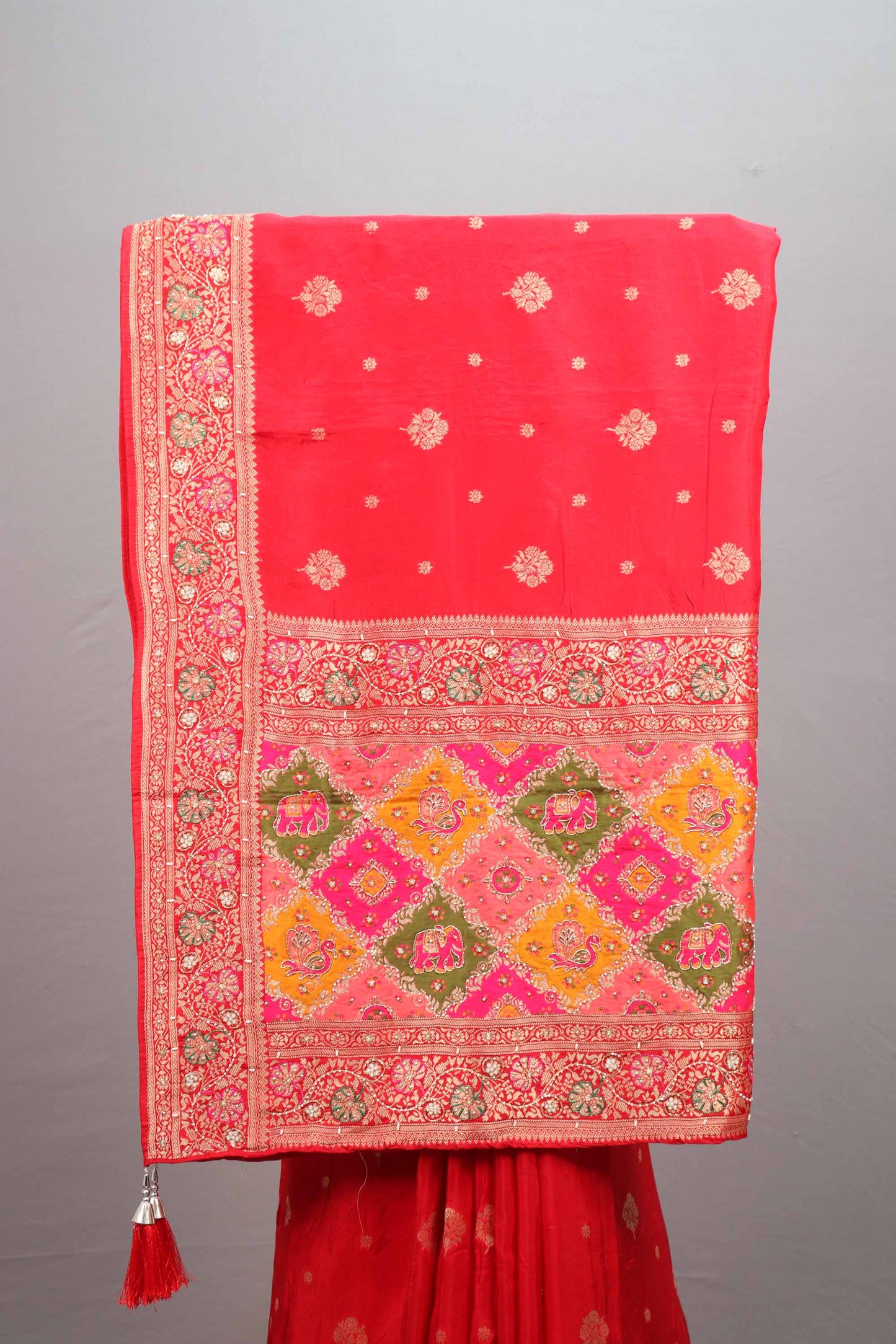 Red Silk Saree Multicolor Traditional Motifs Zari Work Designer Border
