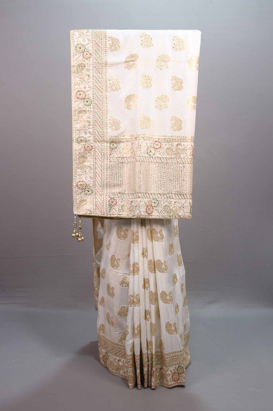  Off-White Silk Saree Gold Paisley Motifs Embroidered Border 