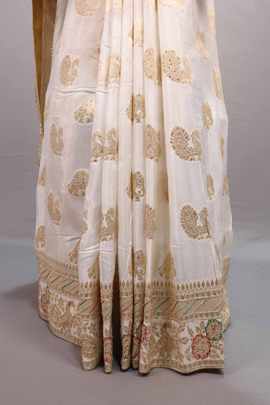Off-White Silk Saree Gold Paisley Motifs Embroidered Border