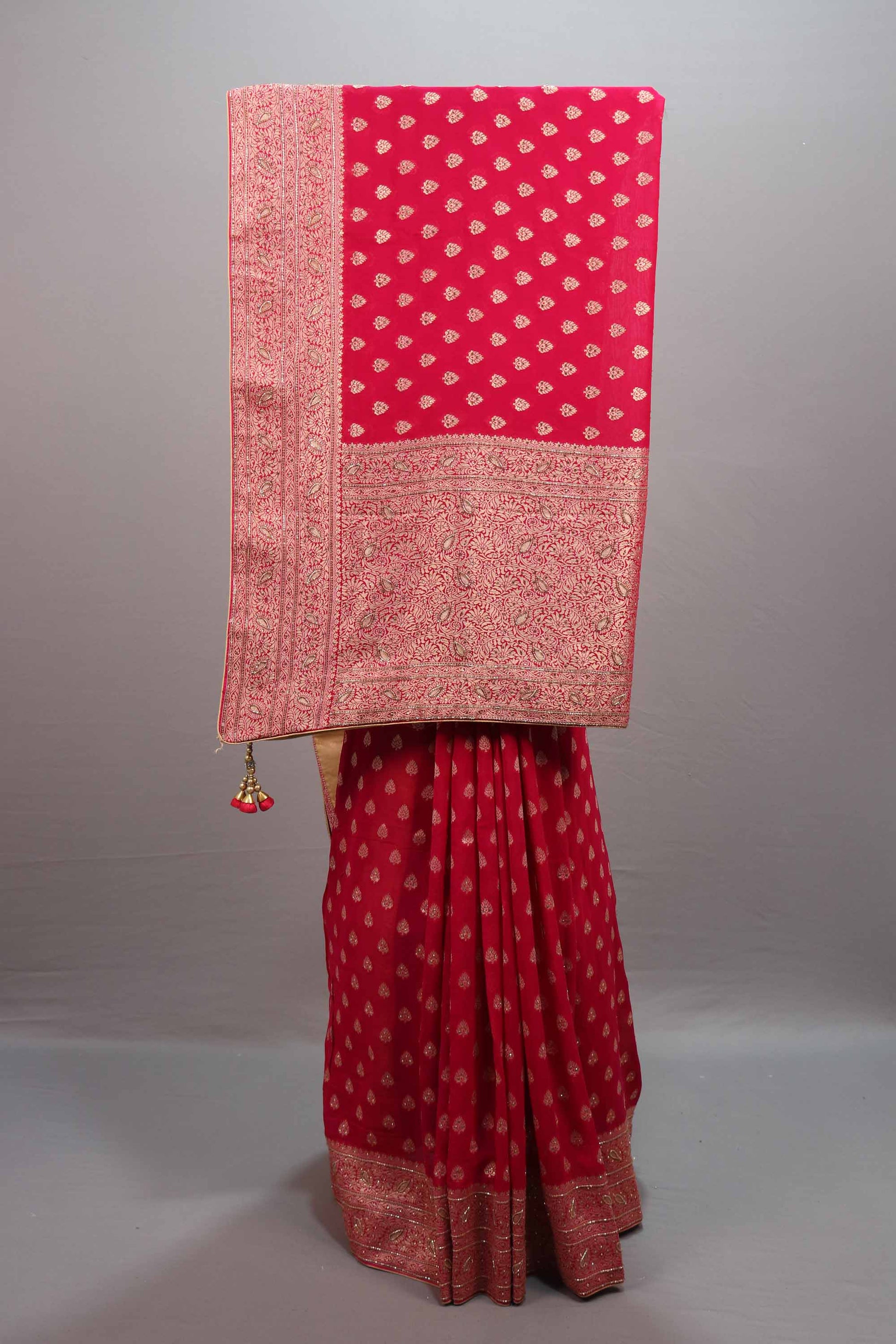 Red Banarasi Silk Saree with Gold Zari Buti Work Rich Woven Border 