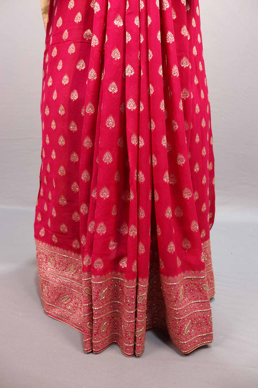 Red Banarasi Silk Saree with Gold Zari Buti Work Rich Woven Border