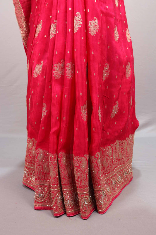 Rani Pink Banarasi Silk Saree Zari Embroidery Heavy Designer Border