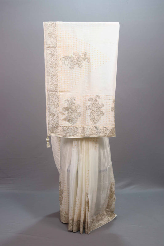  Off-White Organza Silk Saree Zari Embroidery Designer Border 
