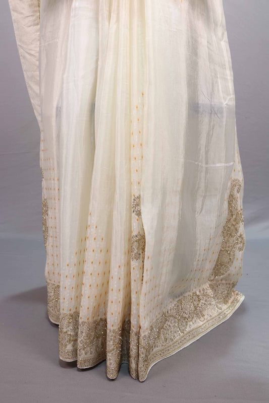 Off-White Organza Silk Saree Zari Embroidery Designer Border