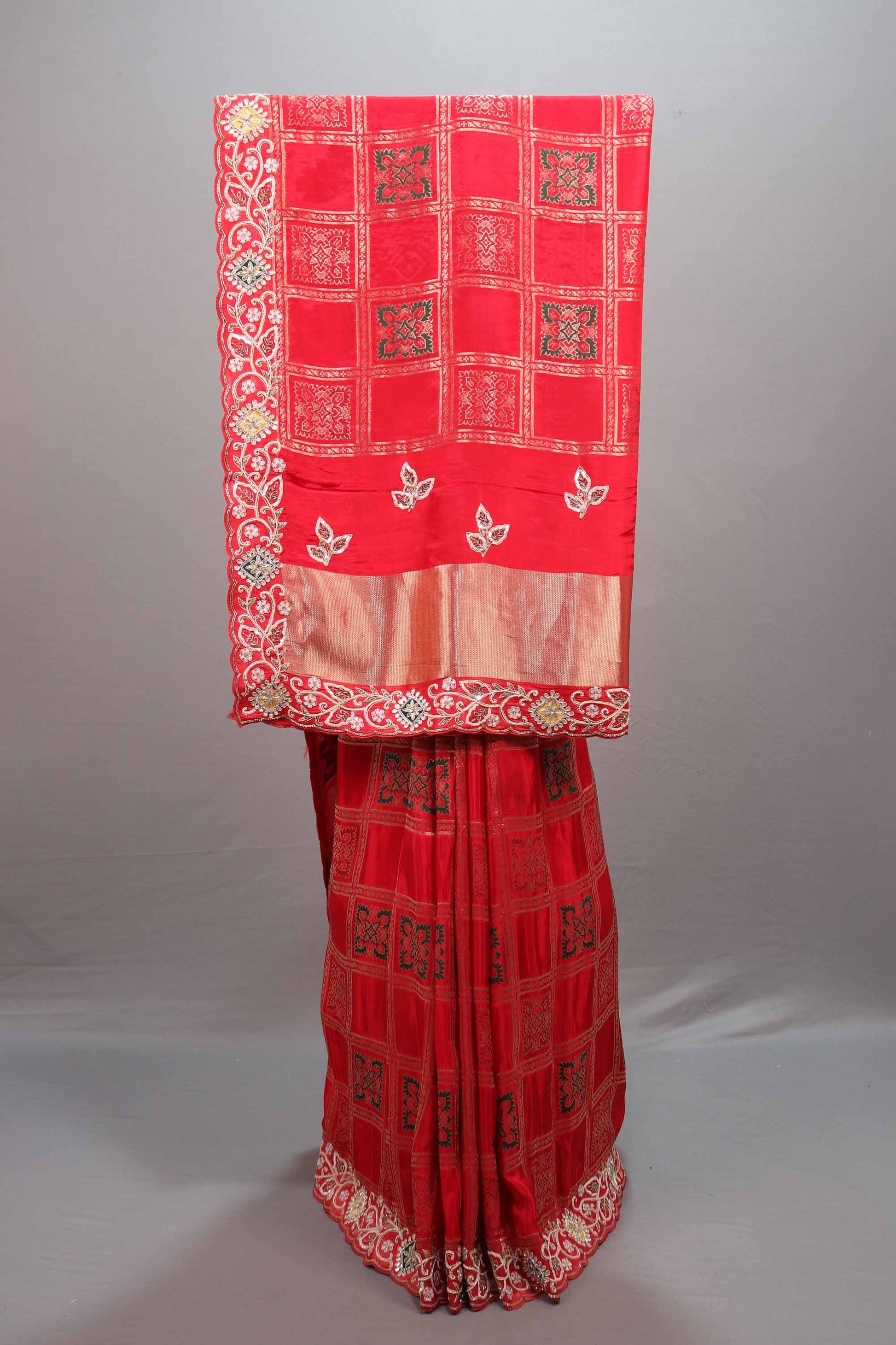 Designer Red Silk Saree Embroidered Checkered Pattern Heavy Zari Border 