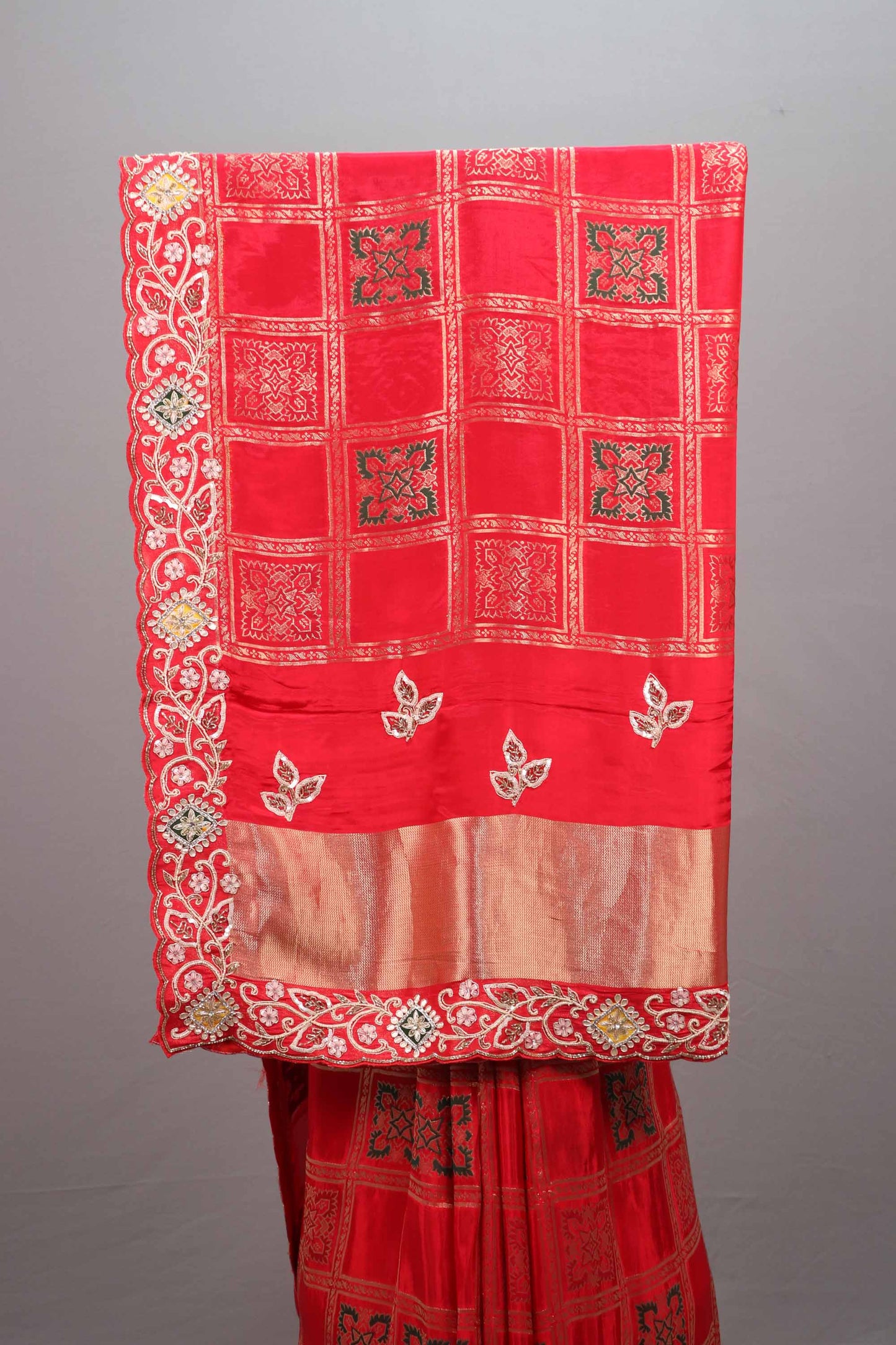 Designer Red Silk Saree Embroidered Checkered Pattern Heavy Zari Border