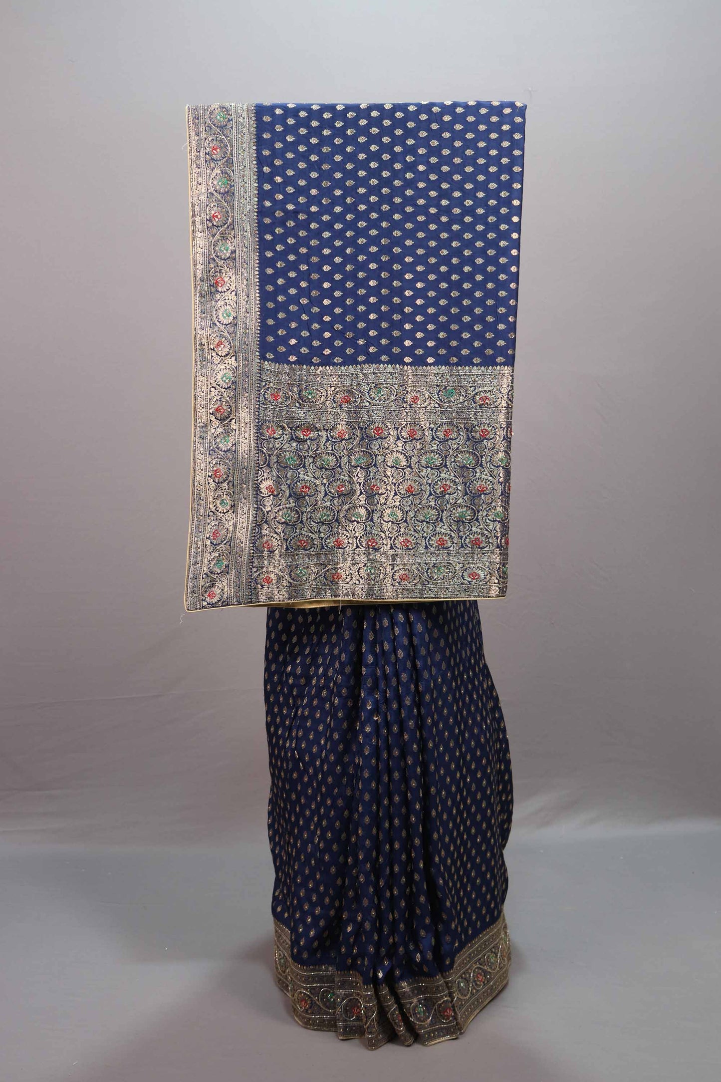 Royal Navy Blue Banarasi Silk Saree Gold Zari Buti Multicolor Woven Border 
