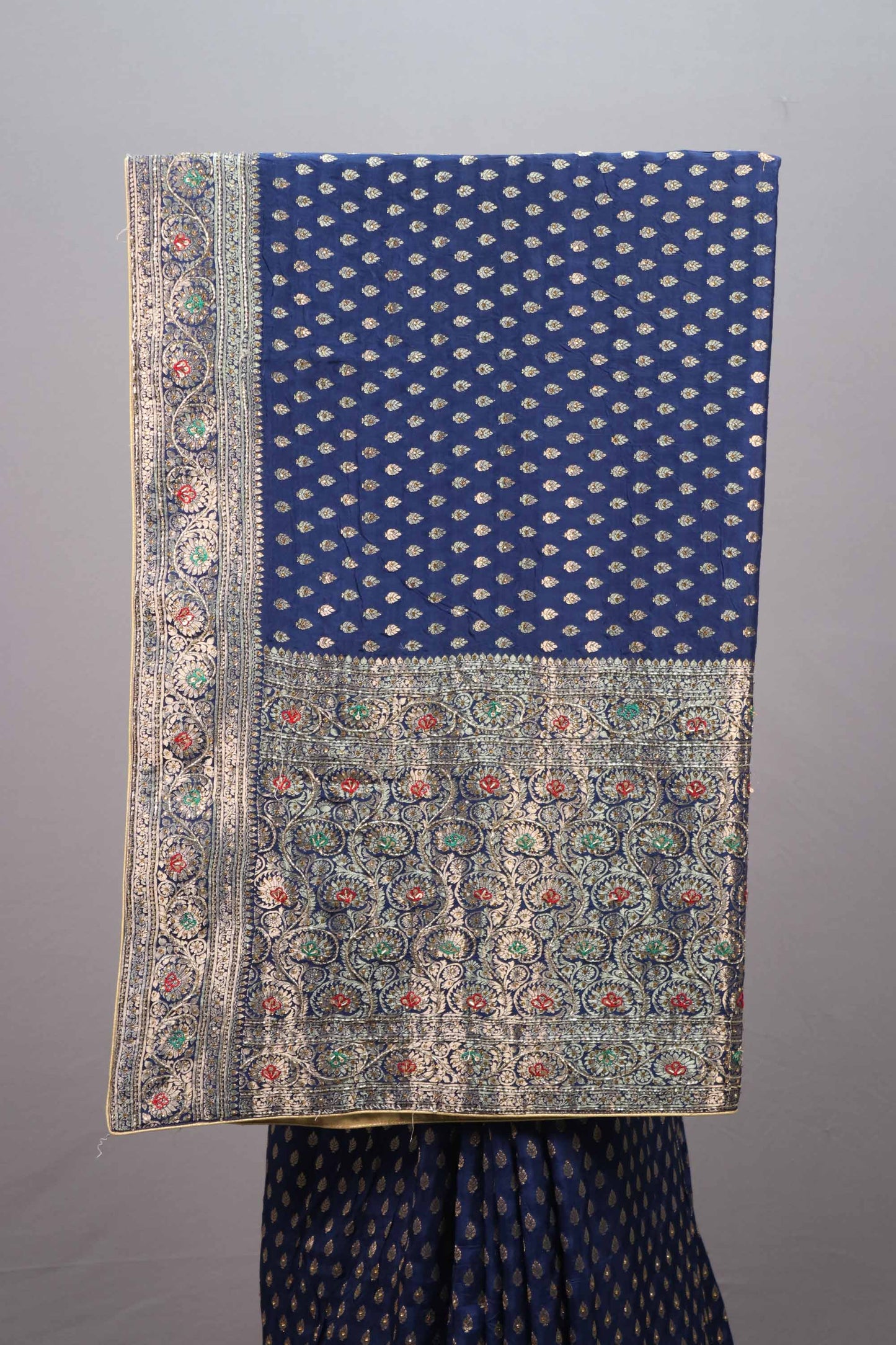Royal Navy Blue Banarasi Silk Saree Gold Zari Buti Multicolor Woven Border