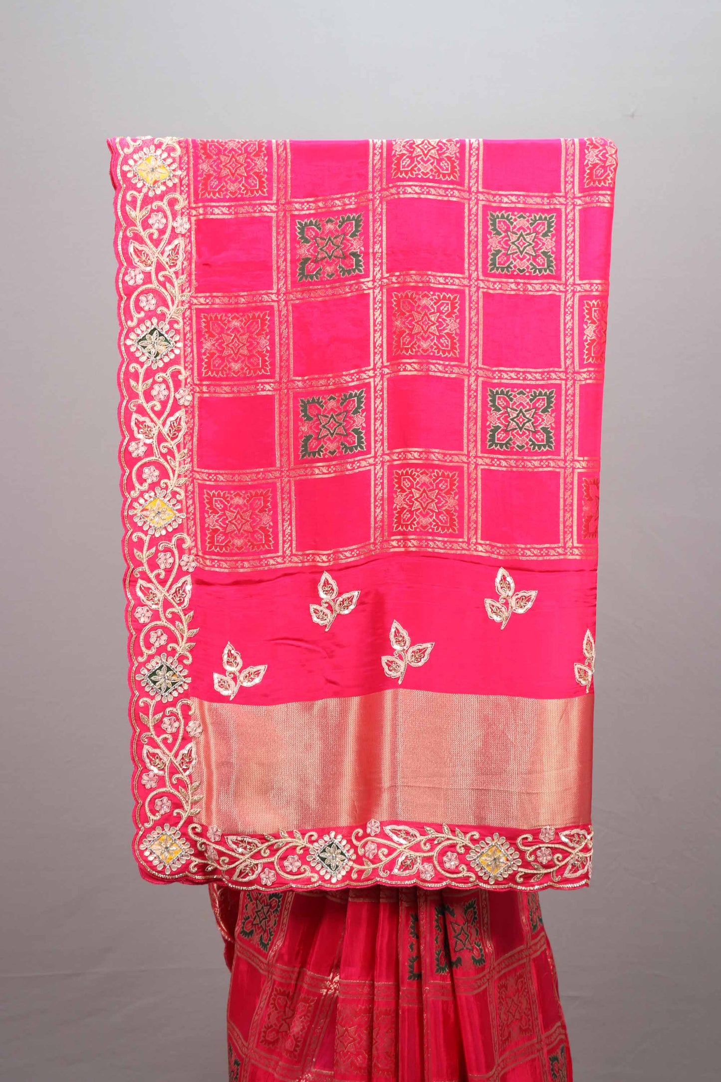 Designer Rani Pink Silk Saree Embroidered Checkered Pattern Heavy Zari Border