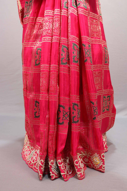 Designer Rani Pink Silk Saree Embroidered Checkered Pattern Heavy Zari Border