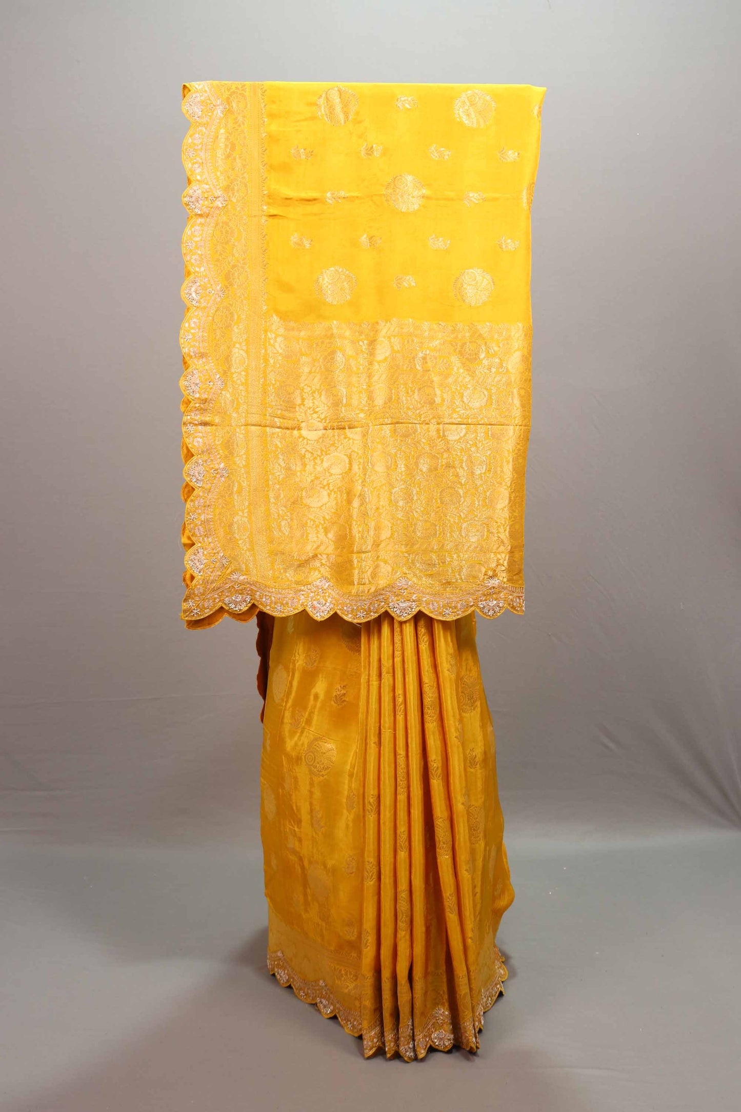 Yellow Banarasi Silk Saree with Zari Work Scalloped Border 