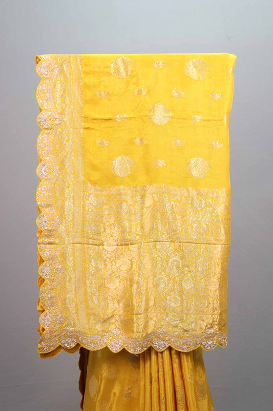 Yellow Banarasi Silk Saree with Zari Work Scalloped Border