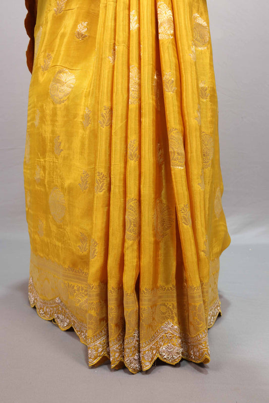 Yellow Banarasi Silk Saree with Zari Work Scalloped Border