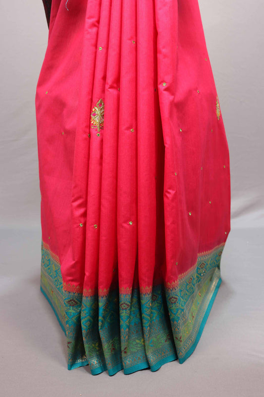 Pink Banarasi Silk Saree Teal Border Rich Zari Weaving Traditional Saree