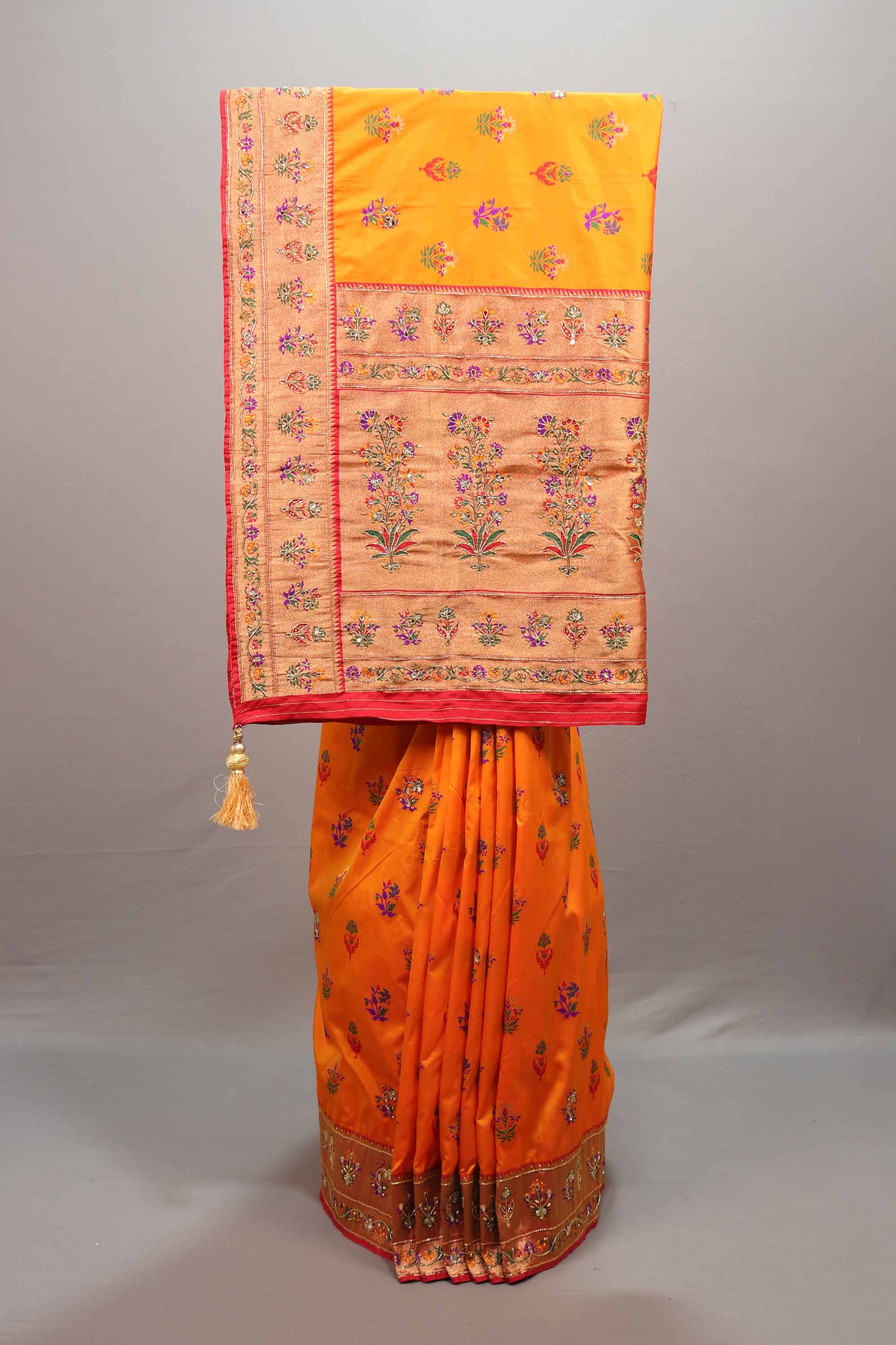 Orange Banarasi Silk Saree Floral Zari Work Woven Border Traditional Saree