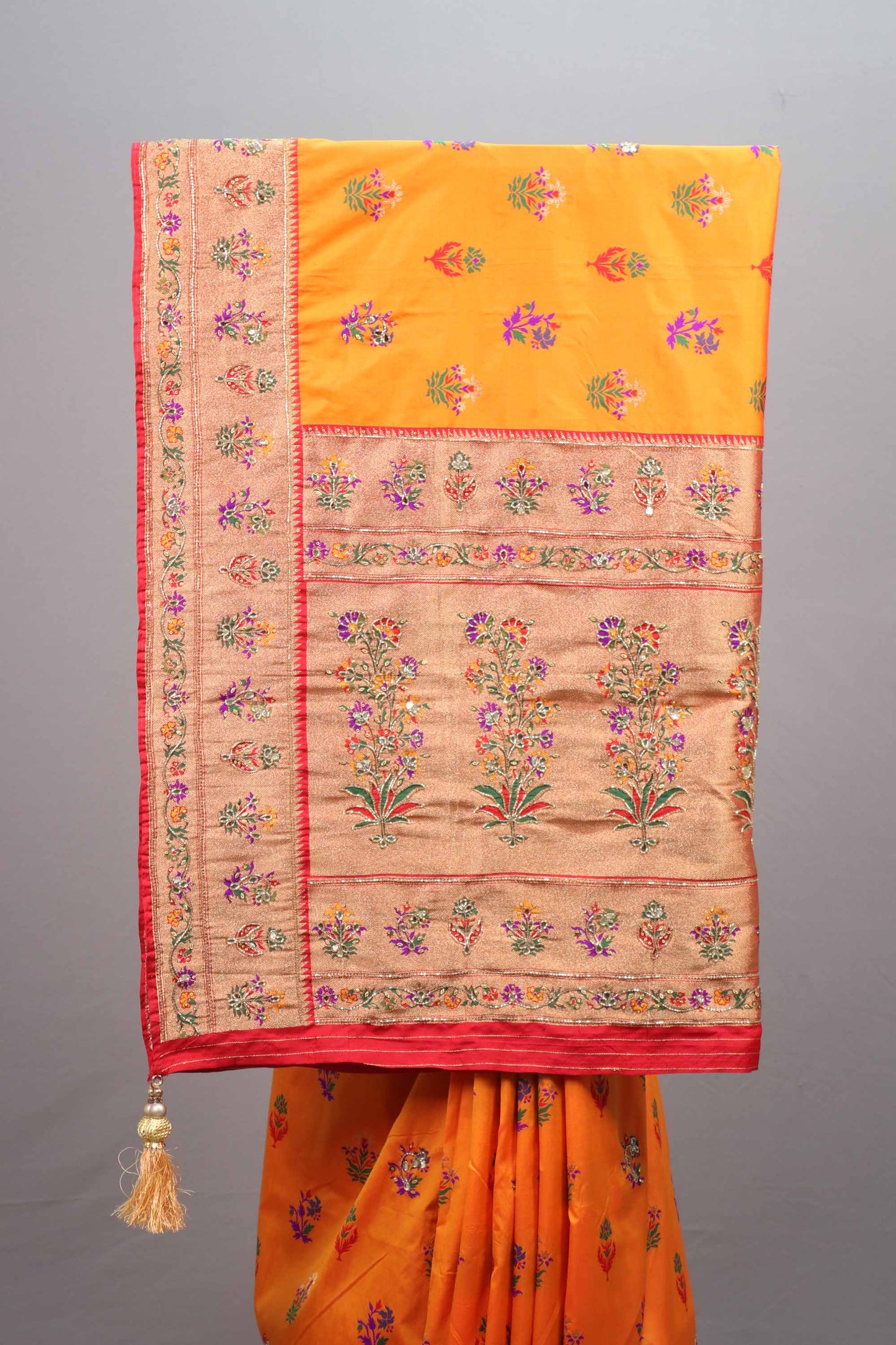 Orange Banarasi Silk Saree Floral Zari Work Woven Border Traditional Saree