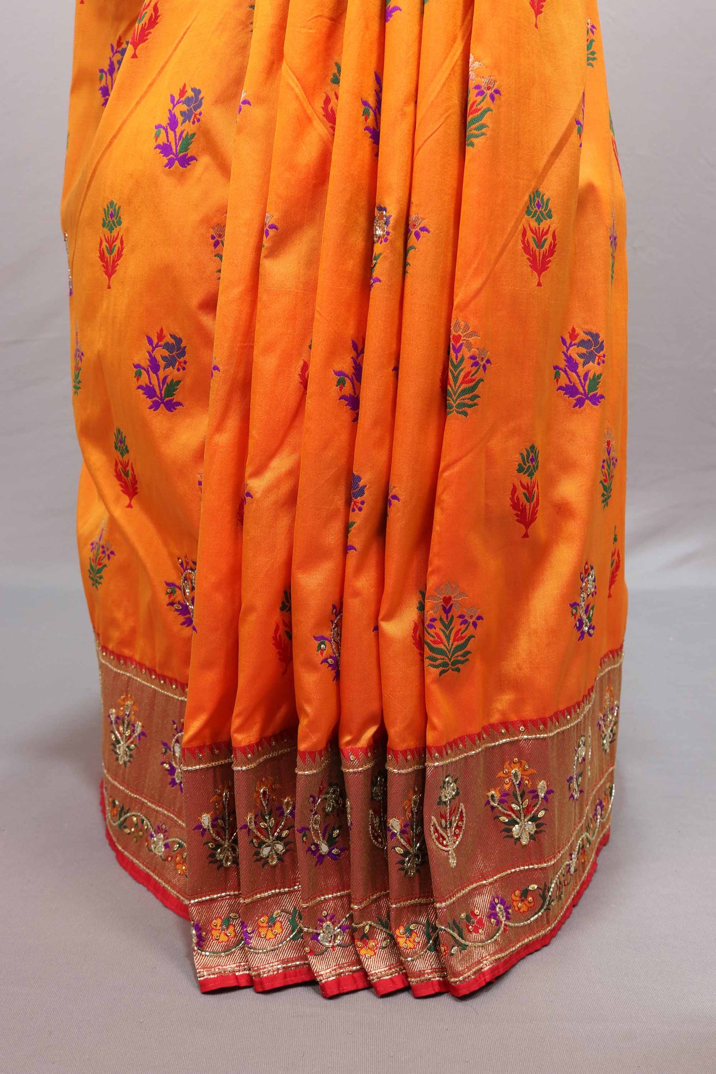 Orange Banarasi Silk Saree Floral Zari Work Woven Border Traditional Saree