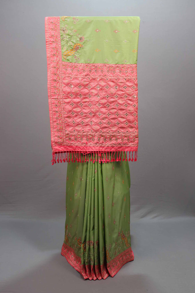 Green Silk Saree with Pink Embroidered Border Designer Pallu