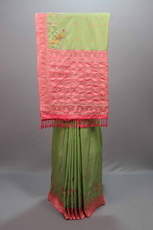Green Silk Saree with Pink Embroidered Border Designer Pallu