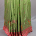 Green Silk Saree with Pink Embroidered Border Designer Pallu