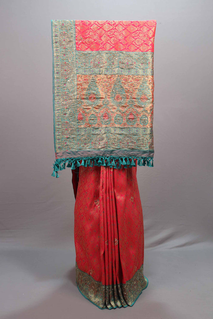 Pink Teal Banarasi Silk Saree with Heavy Zari Work Designer Border