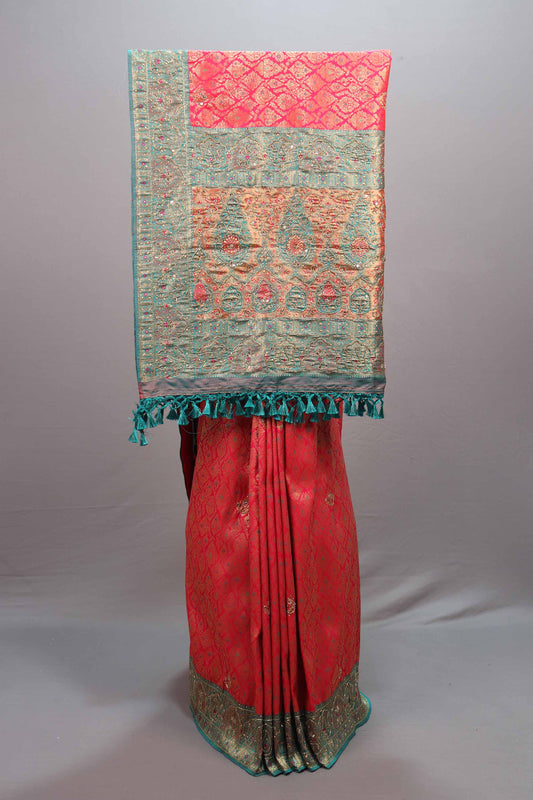 Pink Teal Banarasi Silk Saree with Heavy Zari Work Designer Border