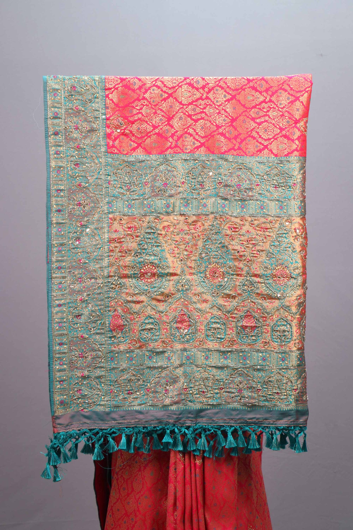 Pink Teal Banarasi Silk Saree with Heavy Zari Work Designer Border