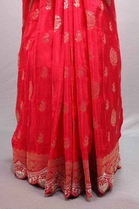 Red Banarasi Silk Saree Heavy Gold Zari Designer Border Rich Pallu