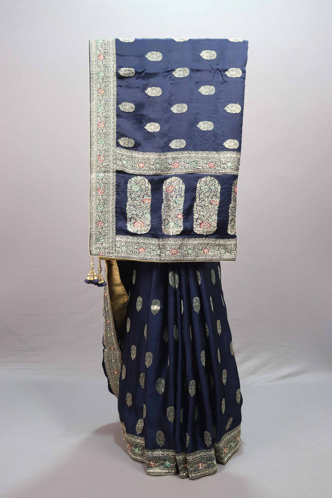 Navy Blue Banarasi Silk Saree Rich Silver Zari Designer Border Tassel Pallu